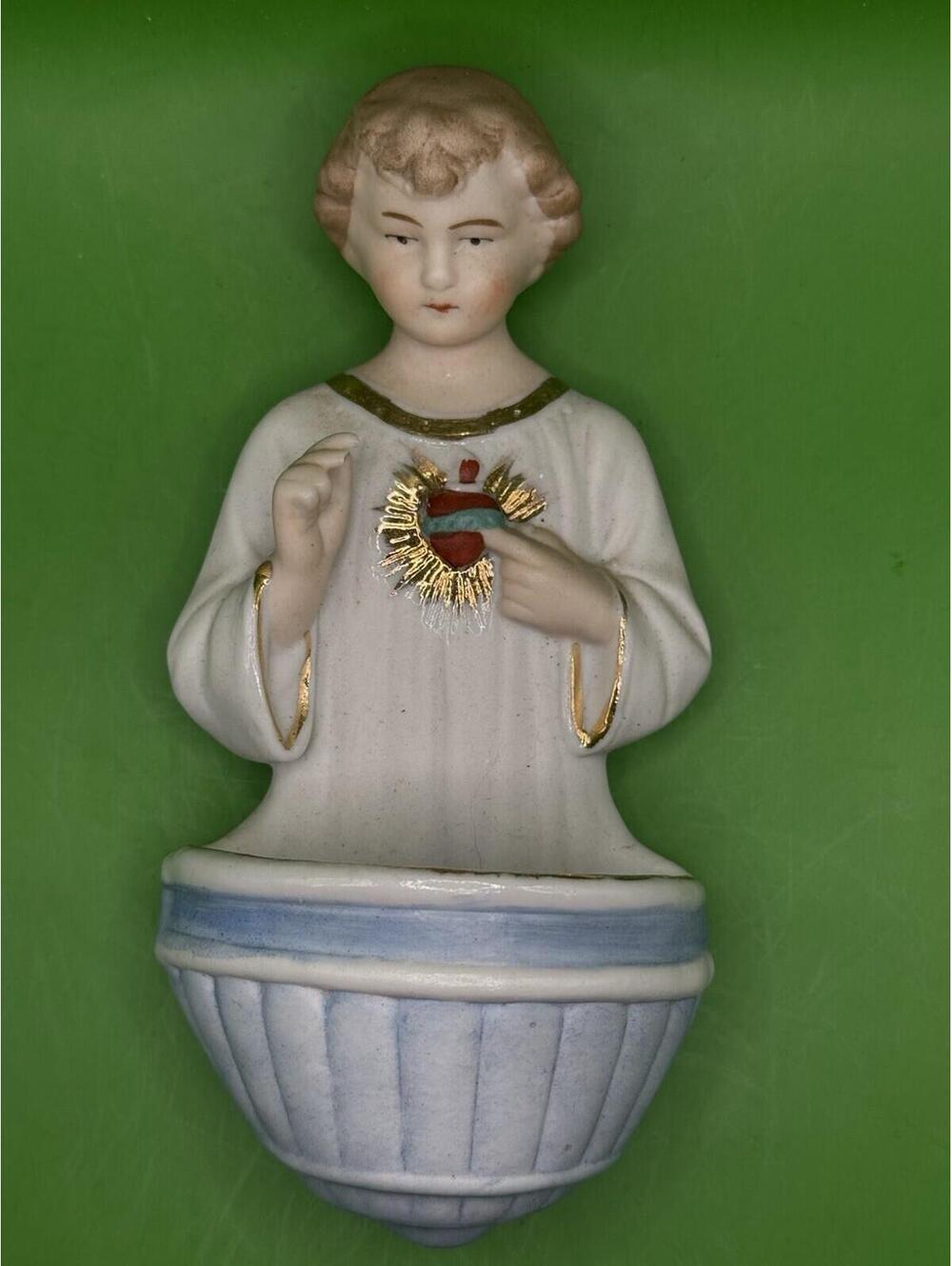 Vintage Bisque Jesus Sacred Heart Holy Water Font Sconce Germany
